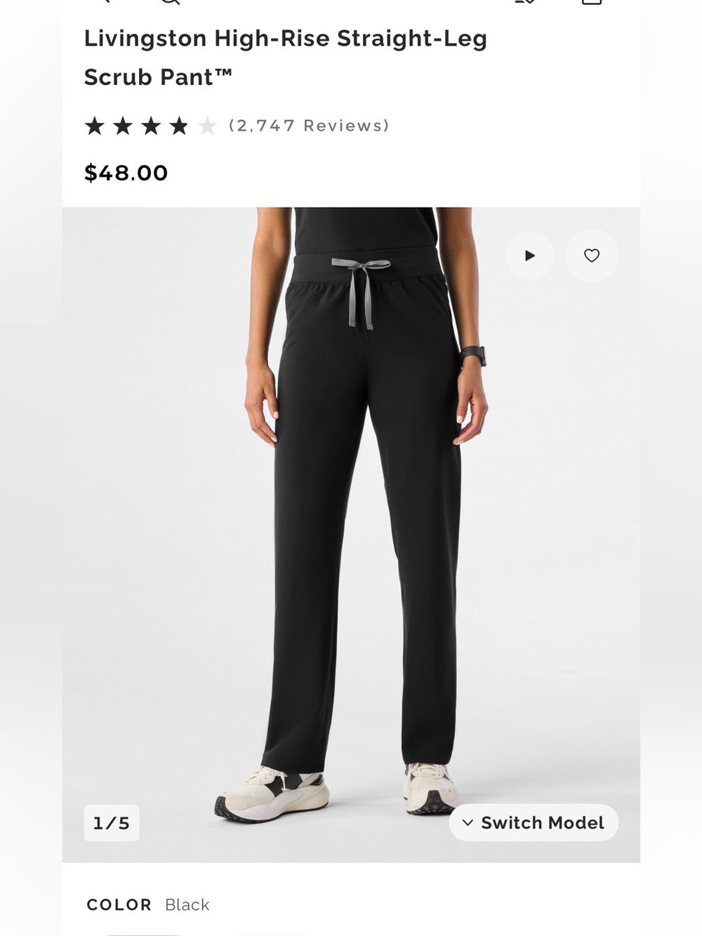 Figs Livingston High-Rise Straight-Leg Scrub Pant — Black